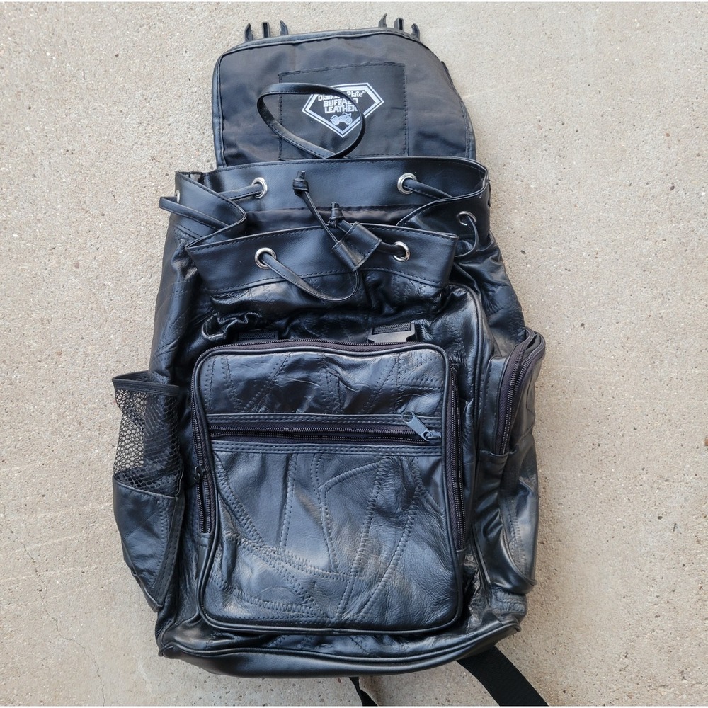 Black Buffalo Leather Backpack Motorcycle Pack Soft Adjustable Diamond Plate